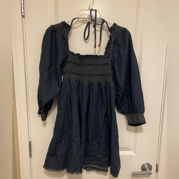 Free People This Is Everything denim Smocked Tie Neck Mini Dress M - Picture 7 of 12